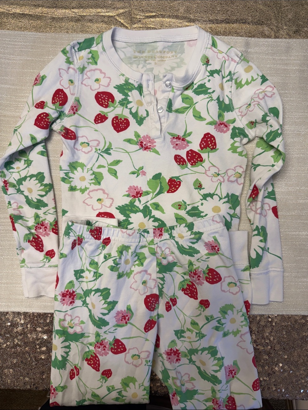 The Beaufort Bonnet Company Kids Strawberry Floral Pajama Set - White & Red